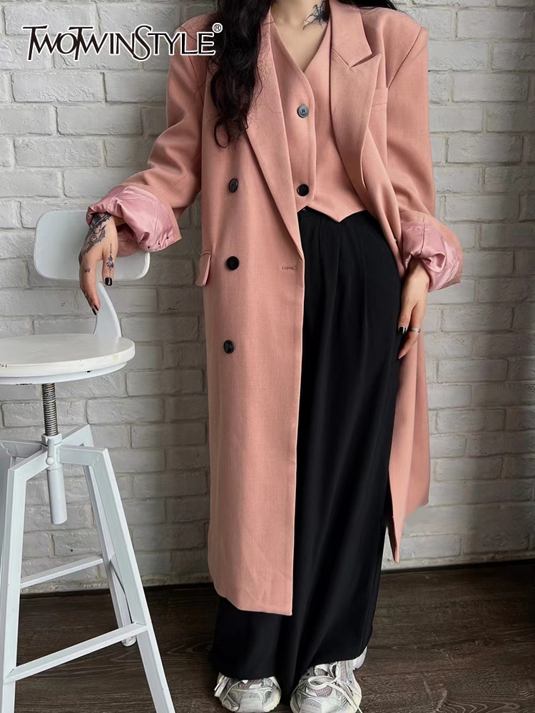 TWOTWINSTYLE Solid Two Piece Sets For Women V Neck Sleeveless Vest Notched Collar Long Sleeves Coat Casual Elegant Set Female