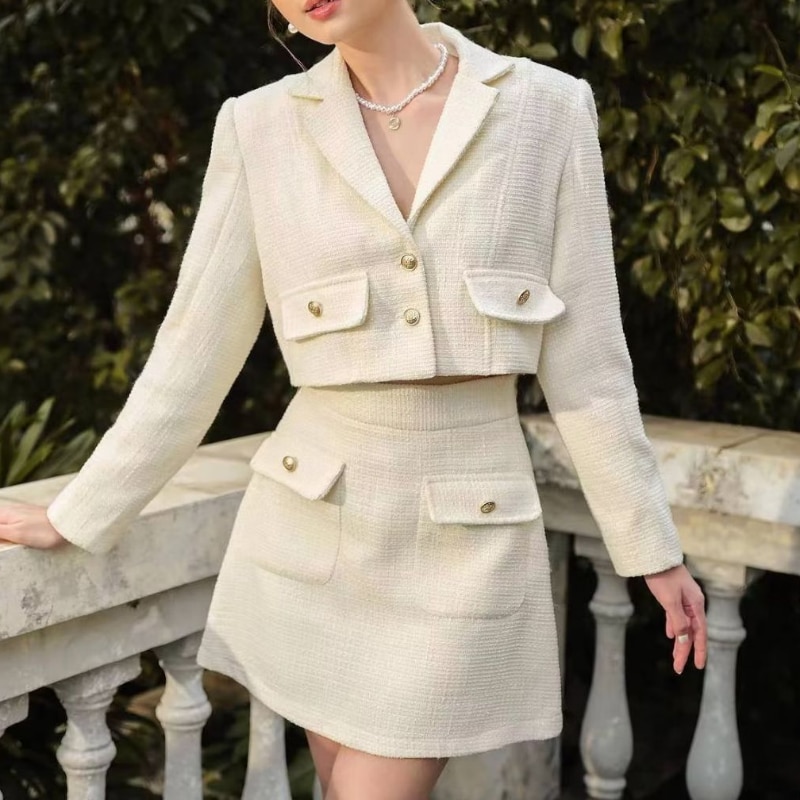 Tweed Long Sleeve Fashion Women Suit Autumn New Coat + Mini Skirt Elegant Sweet Korea Chic Small Fragrance Two-piece Set 1558