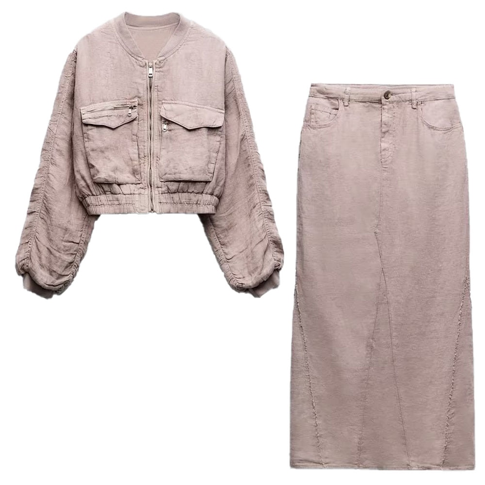 Early autumn new fashion women's retro casual round neck long-sleeved linen blend short coat + high waist mermaid skirt