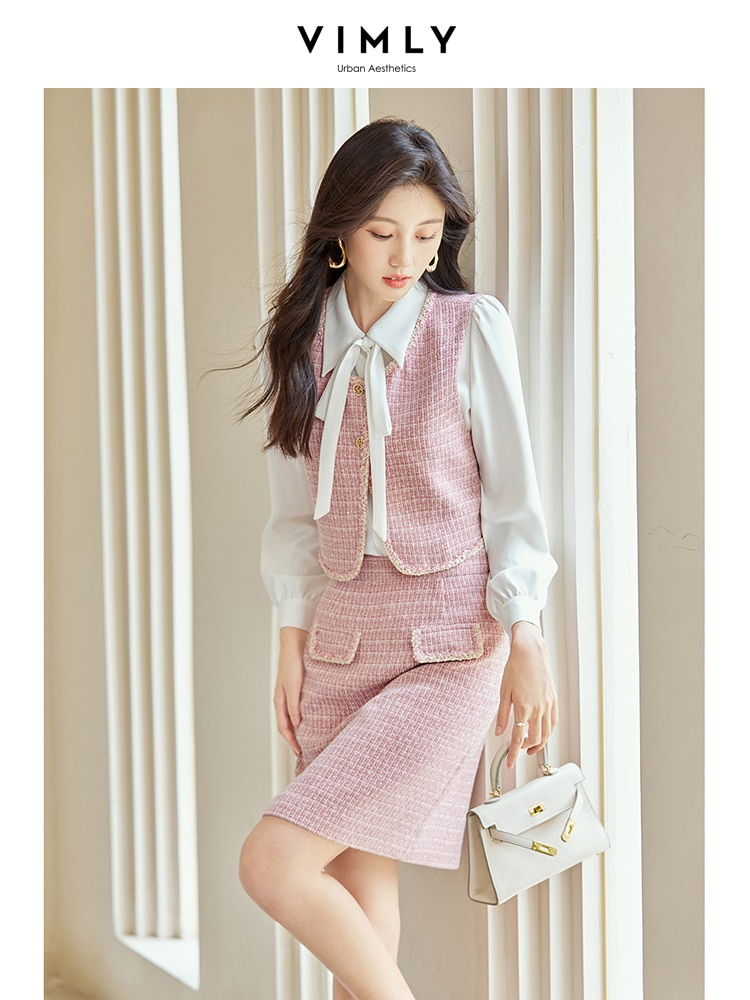 Vimly 2023 Autumn Women's Tweed Skirt Set Lace-up White Shirt Short Jacket Vest A-line Mini Skirt Three-piece Matching Set 