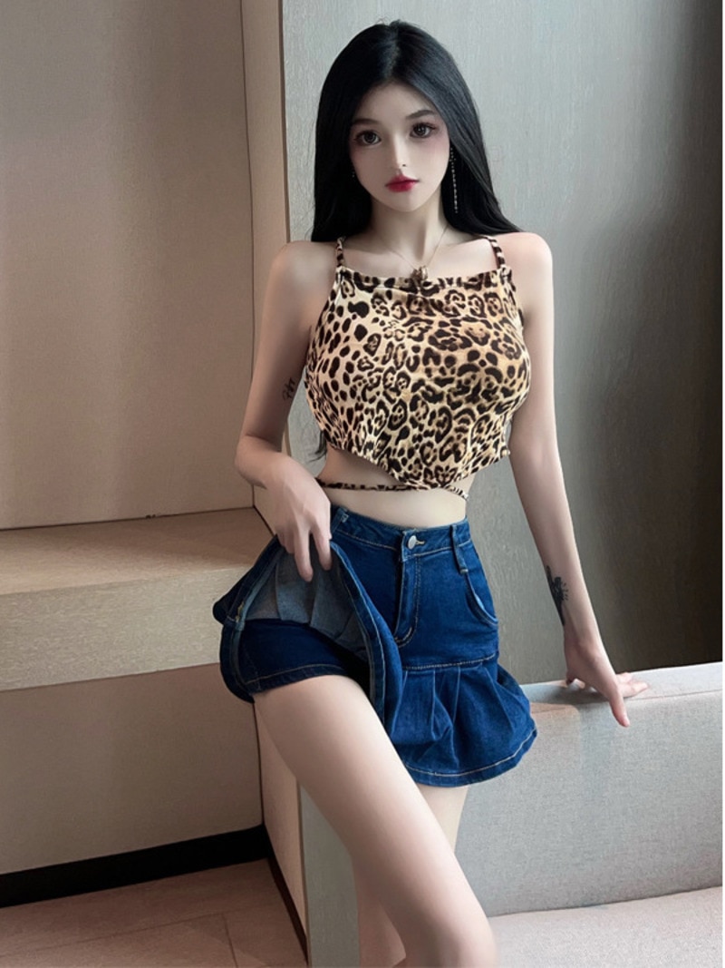 2023 Summer New Women's Sexy Spice Girls Hanging Collar Sling Backless Leopard Fishtail Denim Skirt Fashion Two Piece Set 2