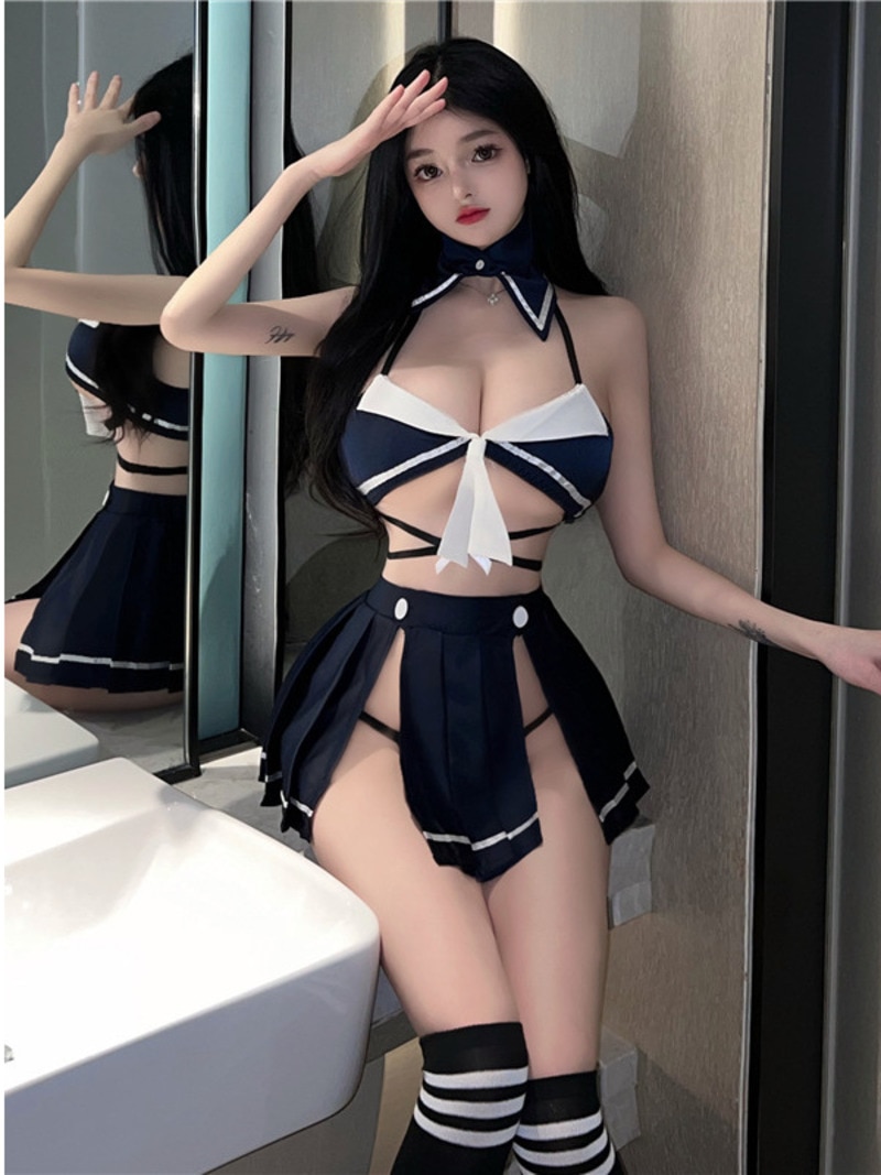 2023 Summer New Women's Sexy JK Temptation Uniform Hanging Collar Backless Low Chest Sling Split Short Skirt Flirting Set Y
