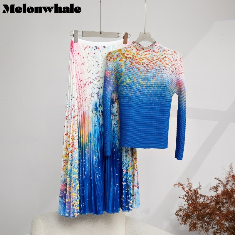 MelonWhale Printing Pleated 2 Pieces Sets Gradient Women Long Sleeves Tops High Waist A-line Skirt Elegant 2023 Summer New