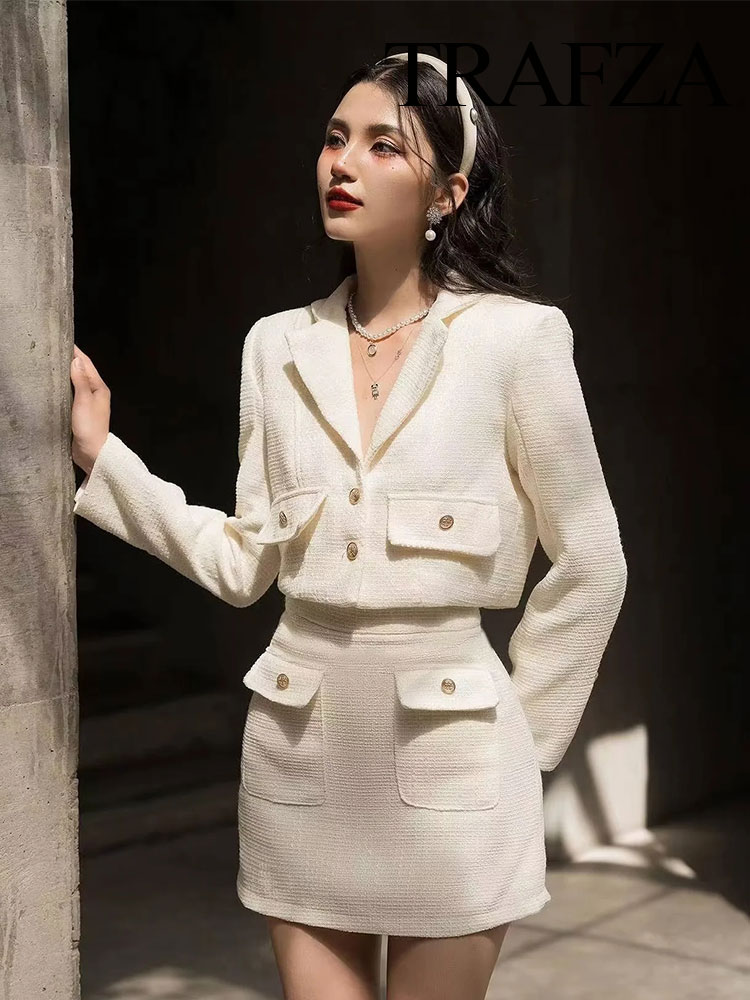 TRAFZA Autumn Women's Fashion Beige Texture Blazer Set Retro High Waist Button Casual Zipper A-Line Female Beige Mini Skirt