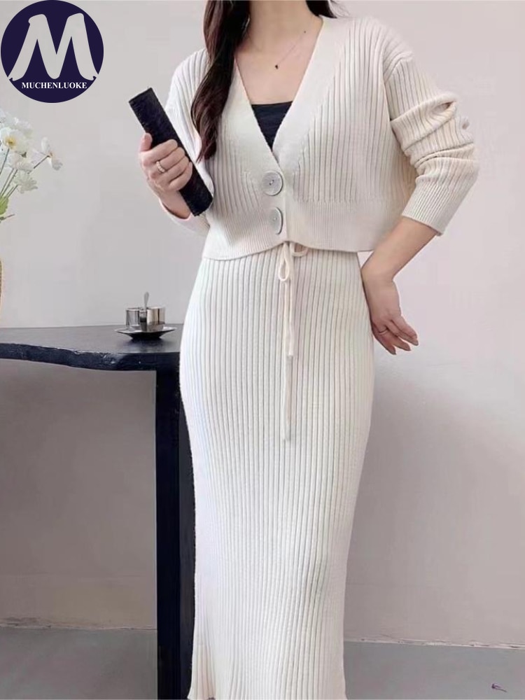 Two Piece Set for Women 2023 Autumn/Winter New Casual Knitted Sweater Cardigan Suits Fashionable Slim Fit Mid Length Dress Sets