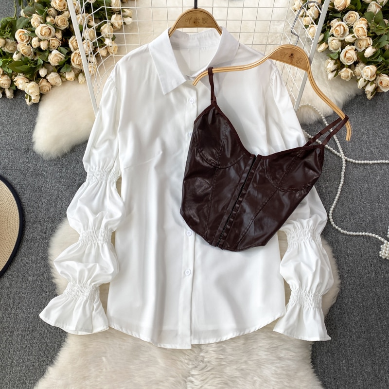 Women's Autumn Dress Sets French Style Solid Color Puff Sleeve Mini Shirt Dresses & Brown Short Slim Vest Two Pieces Su