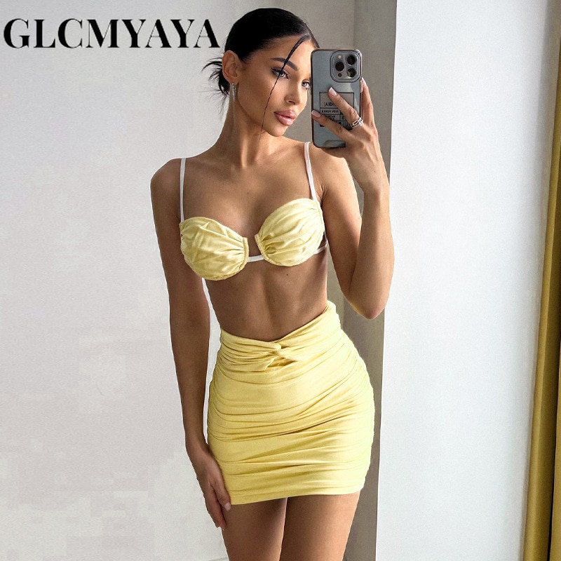 GLCMYAYA Women Streetwear Strapless Folds Backless Spaghetti Strap Crop Tops Dress Sets 2023 Hollow Out Solid Slim 2 Piece Set