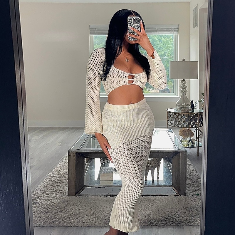 European And American Foreign Trade Women's 2023 Autumn New Sexy Hollow Out Long Sleeve Short Top Wrapped Hip Half Skirt Se