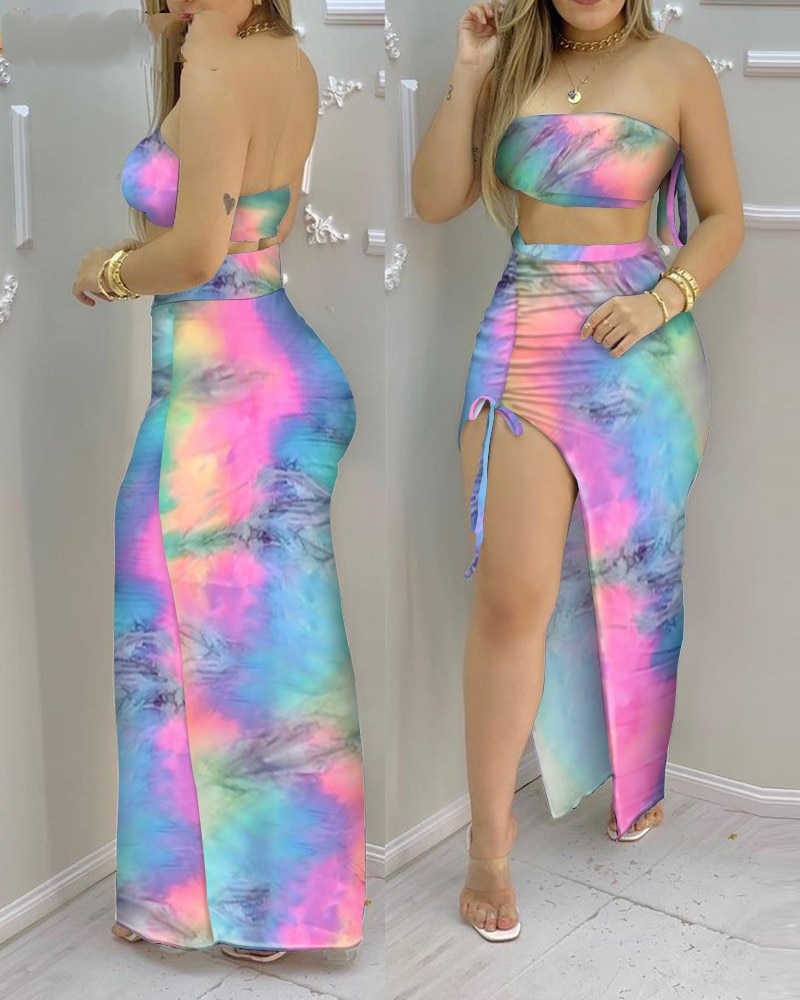 Women Sexy Tie Dye Print Bandeau Crop Top & Drawstring High Slit Skirt Sets