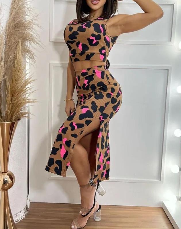 Leopard Print Tied Detail Round Neck Sleeveless Backless Top & Mid-Calf Skinny High Waist Skirt Set Women's Fashion Two