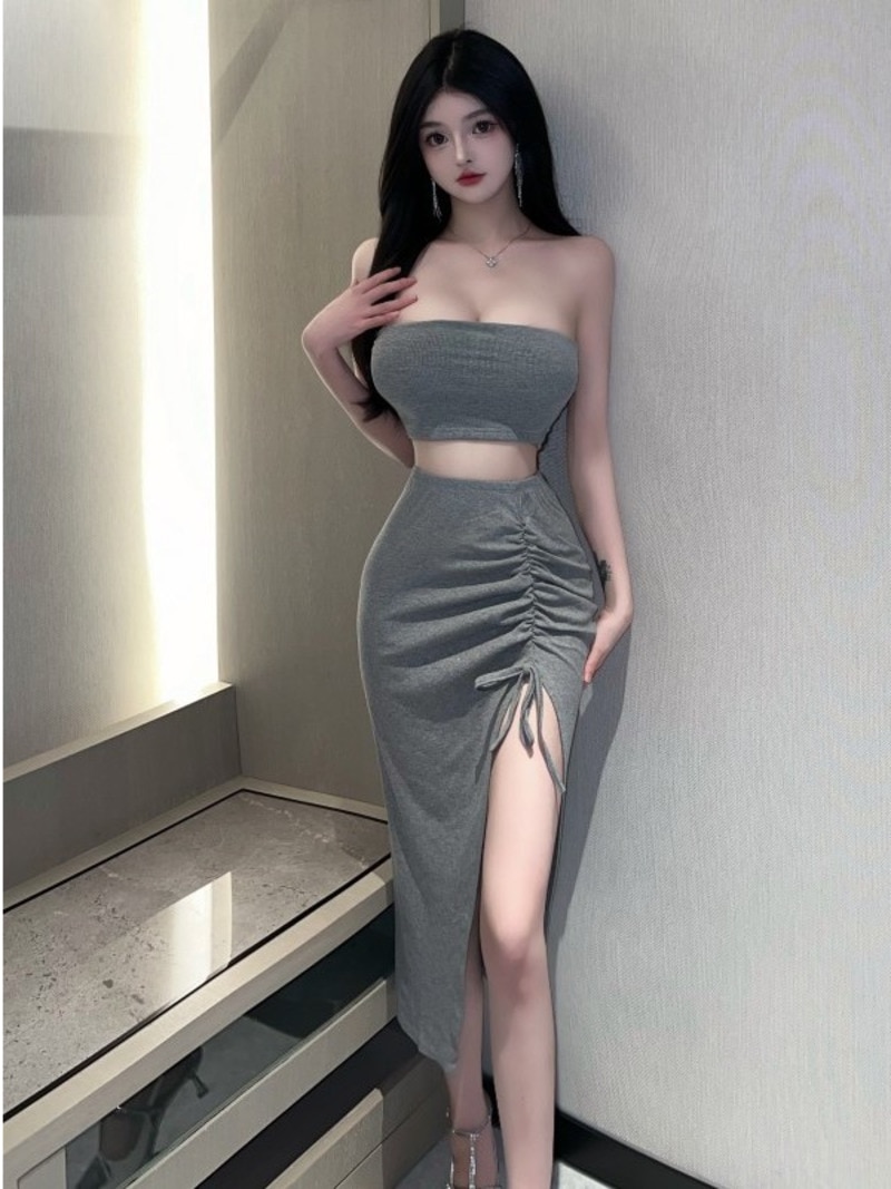 2023 Summer New Women's Sexy Spicy Girl Chest Wrapping Top High Waist Side Split Wrap Hip Half Dress Fashion Two Piece Set 