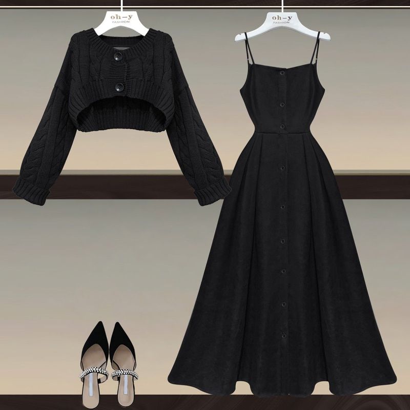 Women's Spring Autumn Single/Outfits 2023 New Vintage Cut Waist Slim Age Reducing Knit Shirt Top Slip Dress Two Piece Set