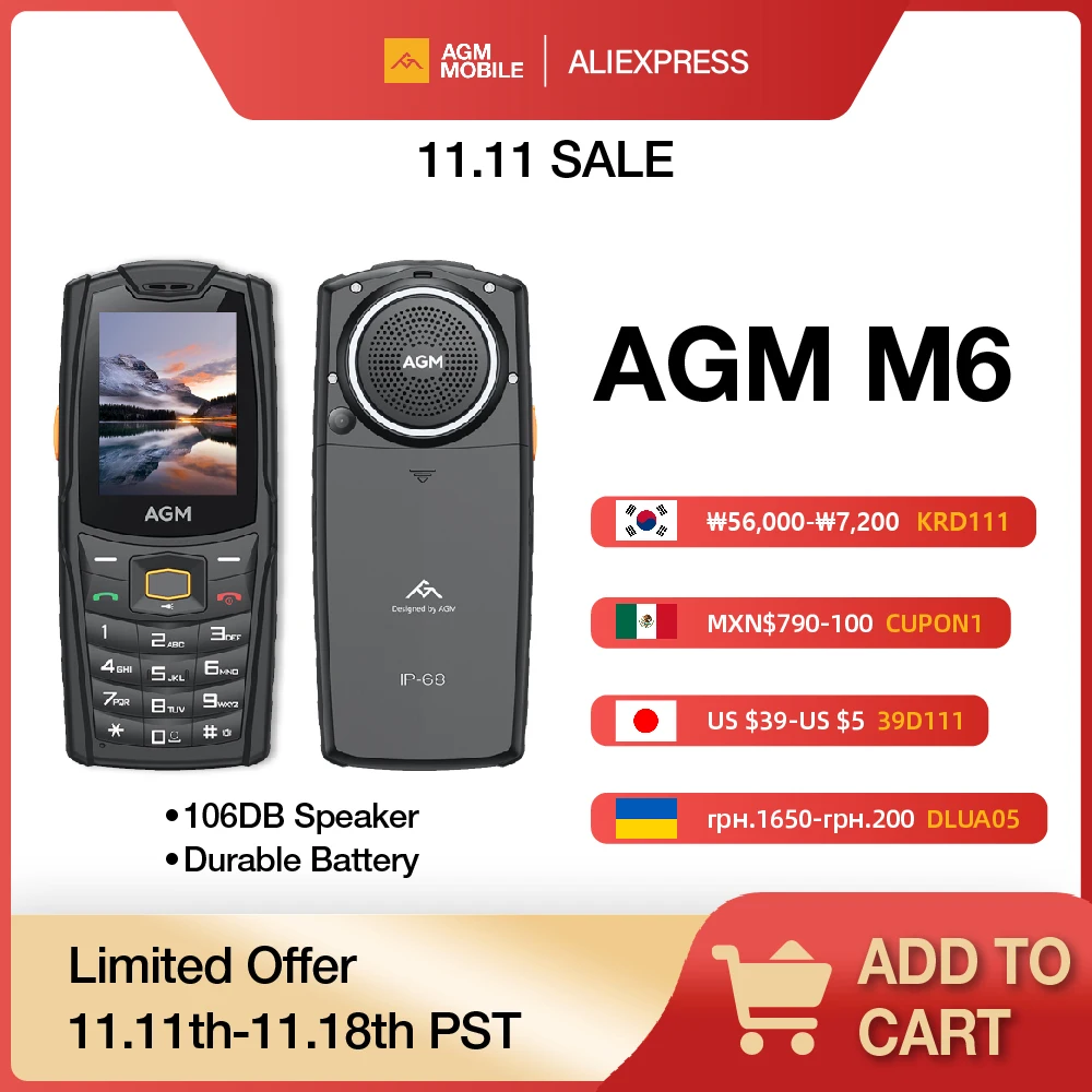 AGM M6 Rugged Phone - Loud 103dB Speaker, 2.4" Screen, 4G Dual SIM, 2500mAh Battery, BT5.1, FM Radio, IP68/IP69K-Senior-Fri
