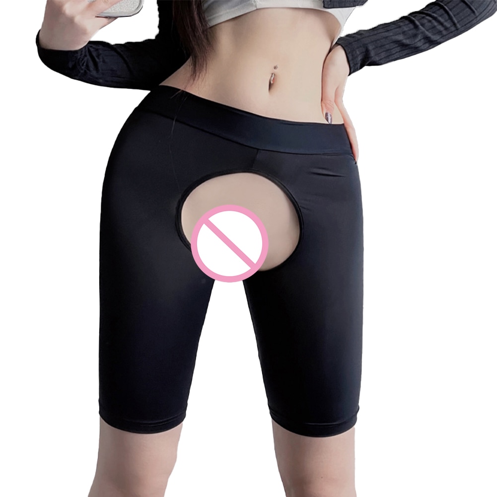 Women See-Through Crothless Shorts Lightweight Thin Leggings Lingerie Nightwear High Elastic Ice Silk Low Waisted Safety Pants
