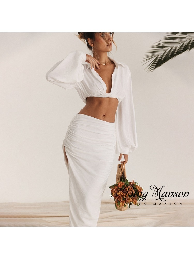 Autumn/Winter Women's New European and American Style Long Sleeve Polo Short Open Navel T-shirt Slim Fit Split Half Skirt S