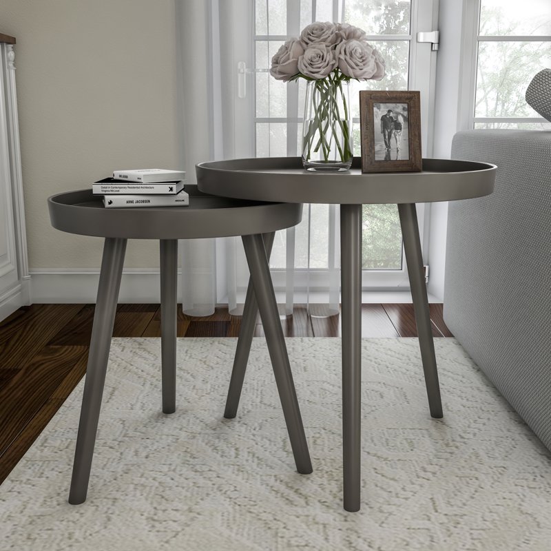of 2 Round Nesting End Tables with Tray , Gray End table for bedroom Small coffee table Small end table Tea table Table top Mesa