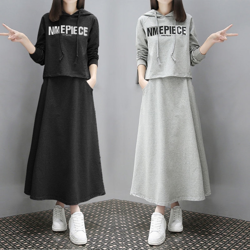 Spring Autumn Korean Loose Causal Two Pieces Set Women Printed Full Sleeves Mid-Calf A-Line Skirts with Pockets Oversized 6XL
