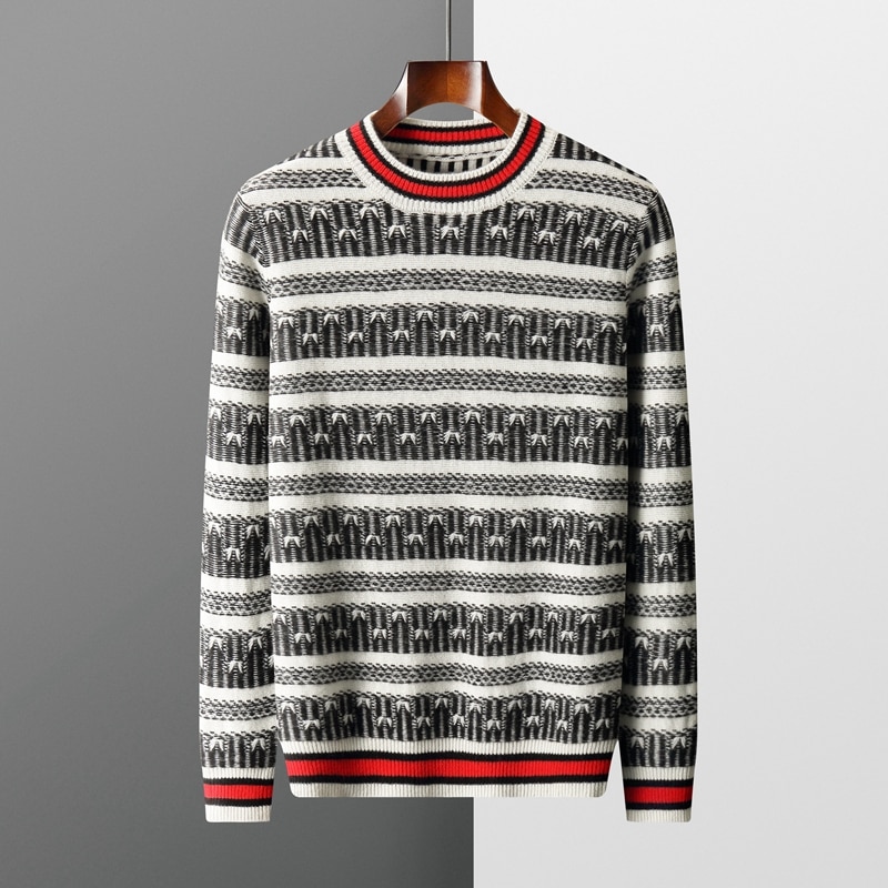 Autumn and Winter New Cashmere Sweater Men's O-Neck Pullover 100% Beautiful Nuo Wool Knitted Jacquard Retro Stripe Contrast