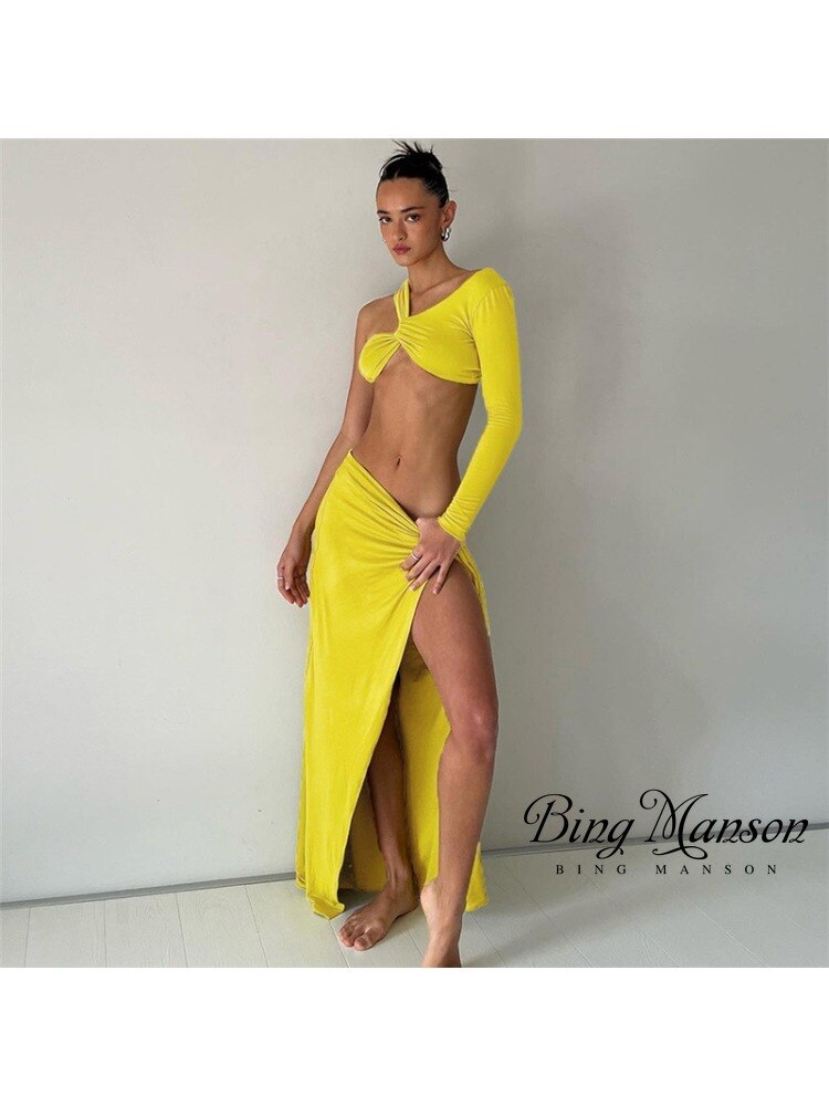 Autumn New Women's Fashion One Shoulder Sexy Irregular Short Open Navel T-shirt Slim Fit Split Half Dress Dress Set for Wom