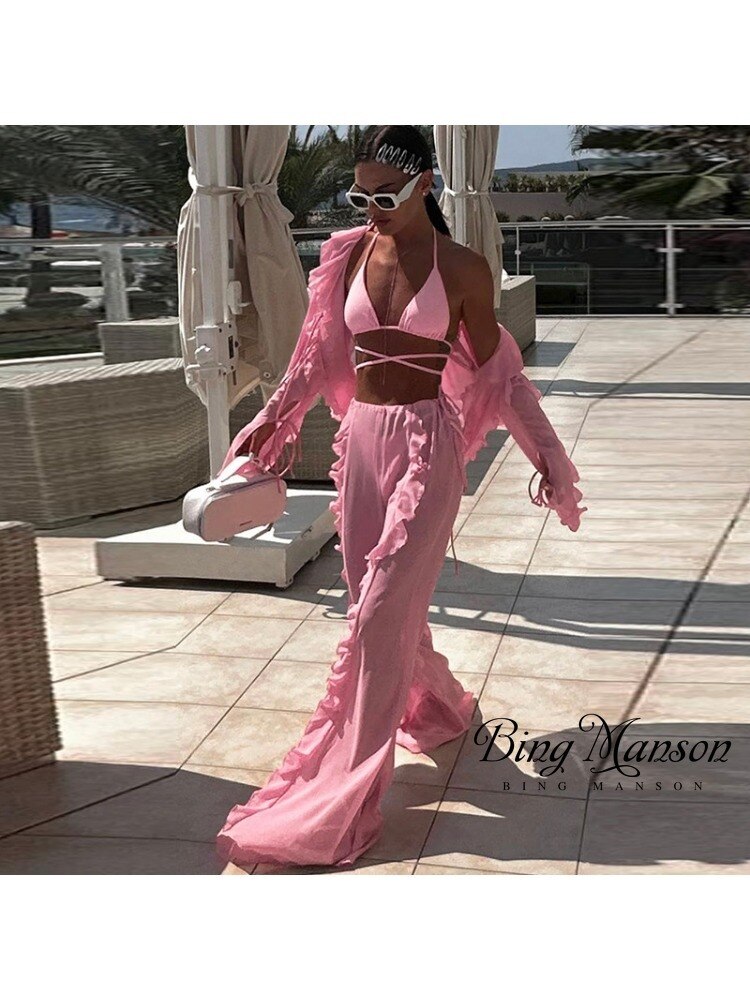 Autumn and Winter Women's New Fashion Sexy Lacing Long Sleeve Bottom Cardigan High Waist Wrapped Hip Long Pants Casual Y2k 