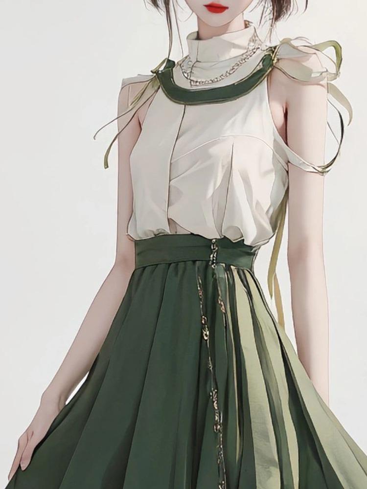 Summer set 2023 beautiful chic green shirt sleeveless bownot elegant sweet green pleated skirt two-piece women's suit