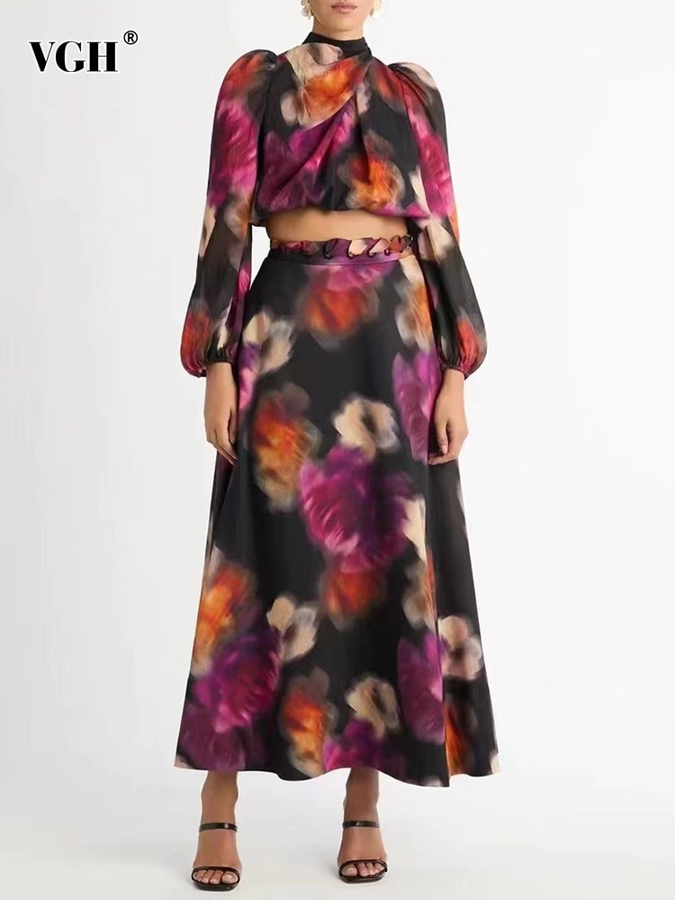 VGH Colorblock Two Piece Set For Women Stand Collar Lantern Sleeve Tops High Waist Patchwork Lace Up Skirts Casual Sets Female
