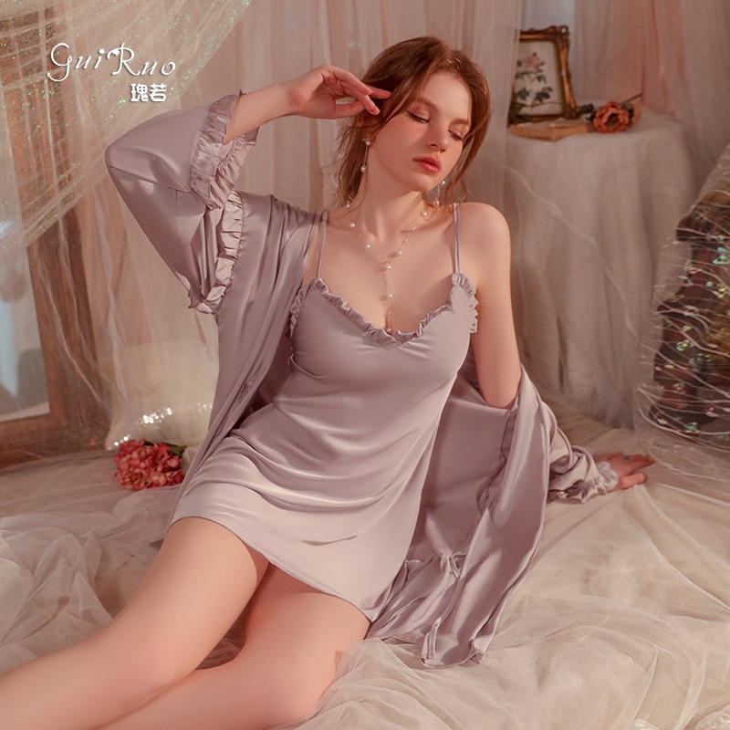Long Sleeve Breathable Satin Sweet Pajamas Comfortable Solid Color Soft Slip Nightdress Nightgown Women's Homewear Suit 219