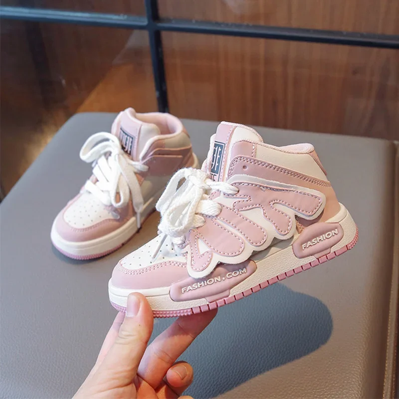 Pink High Top Kids Skate Shoes Lace Up Girls Boy Sneakers 2024 Autumn Children Pu Leather Casual Sport Basketball Trainers 27-37