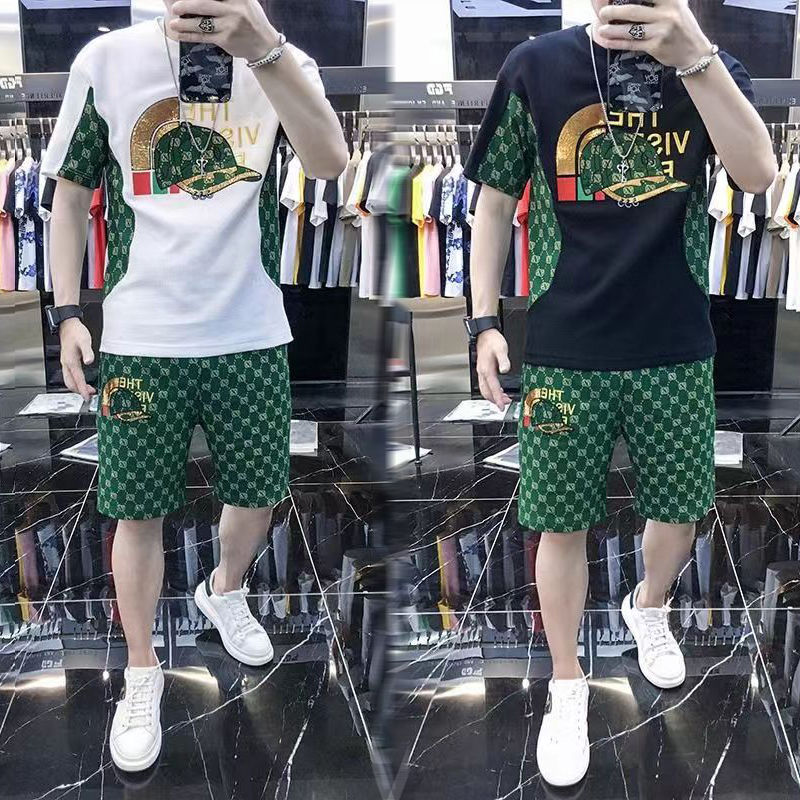 2023 Summer Men's Ice Screen Flower Set Trendy Loose Fashion Casual Round Neck Short Sleeve Slim Fit Capris Two Piece Set