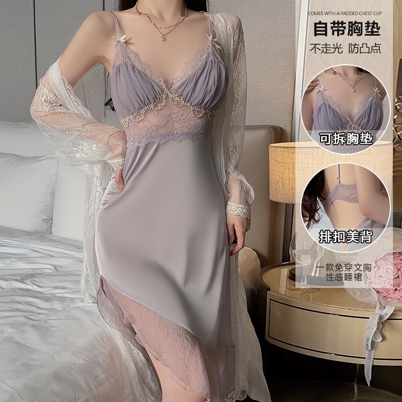 Bride Women Twinset Robe Gown Set Lace Mesh Kimono Bathrobe Nightgown Nightdress Sleepwear Summer Home Wear Loungewear