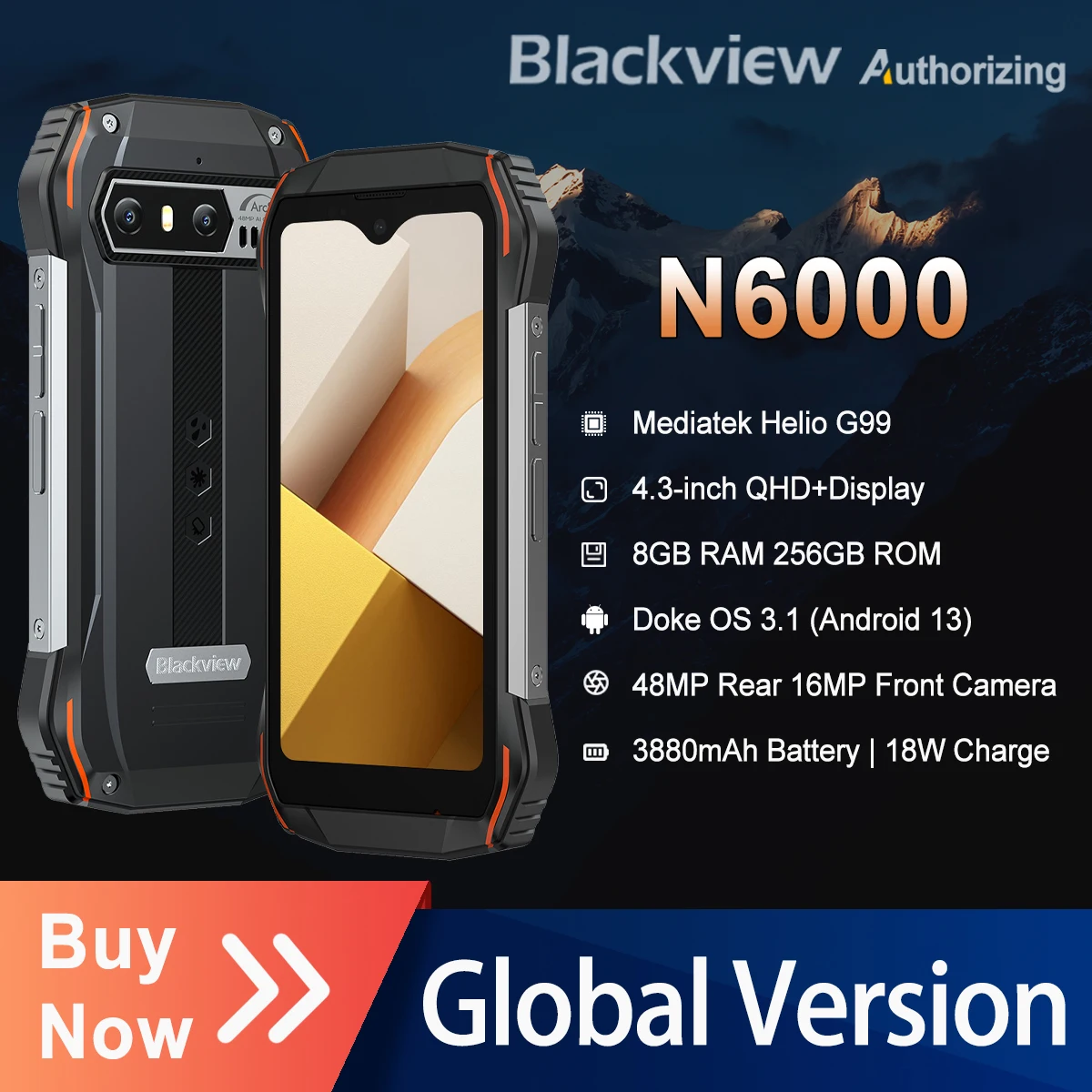 Blackview N6000 Rugged Smartphone 4.3" Display ,Android 13 Cellphone, Helio G99 Octa Core, 16GB 256GB, 48MP Cameras, Suppor
