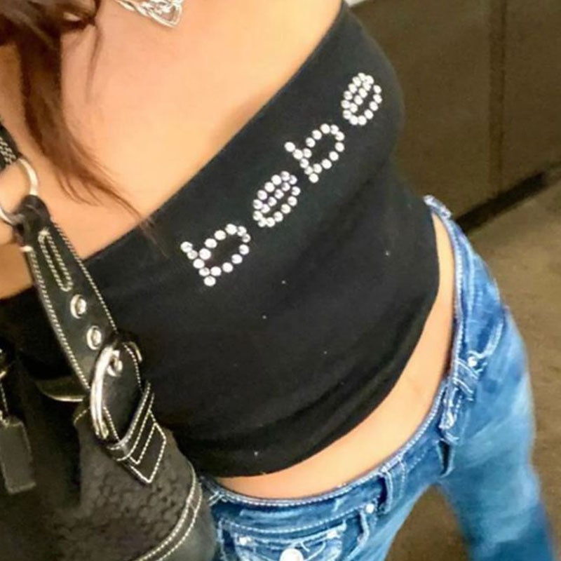 Black Goth Sleeveless Summer Tube Top Rhinestone Punk Vintage Underwear Y2k Clothing Bling Bebe Letter Crop Tops Sexy Women Bras