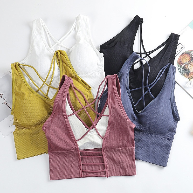 Bra Tops Summer V Neck Rib Crop Tank Top with Detachable Bra Pads Sleevelss Solid Color Backless Sporty Bra Top топ женский