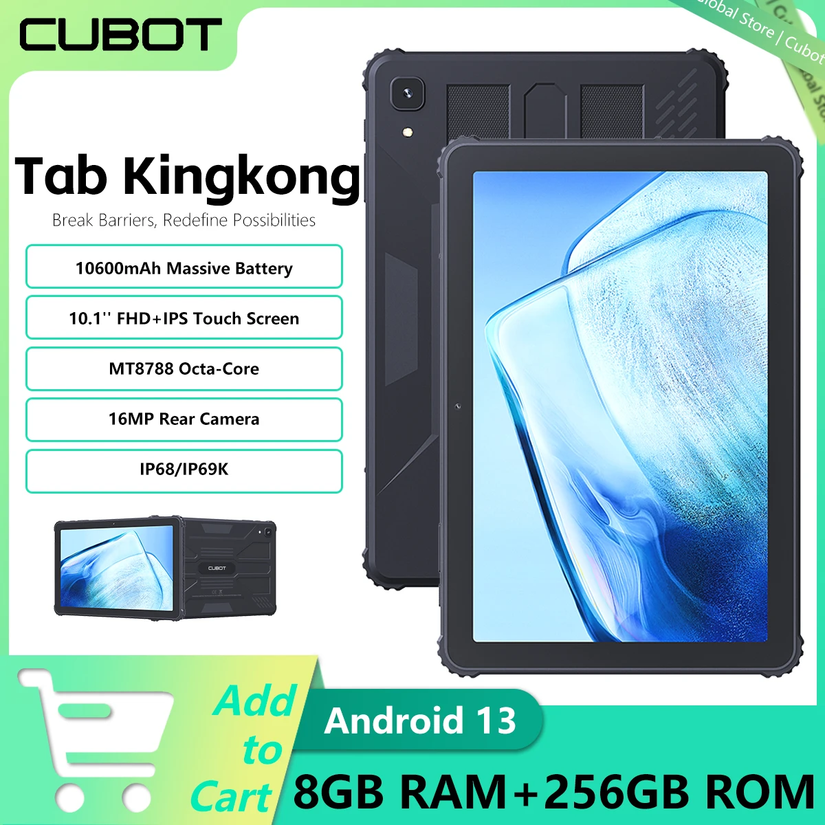 Cubot TAB KINGKONG,Rugged Tablet Android 13,IP68 Waterproof,16GB RAM(8GB+8GB Extended),256GB ROM,10600mAh,10.1" FHD+ Screen