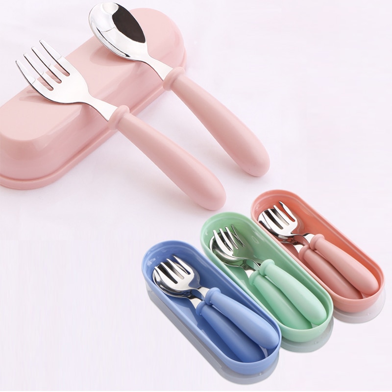3pcs Children Spoon Forks Box Kids Stainless Steel Kids Cutlery Portable Baby Feeding Utensils Baby Spoons Baby Tableware Set