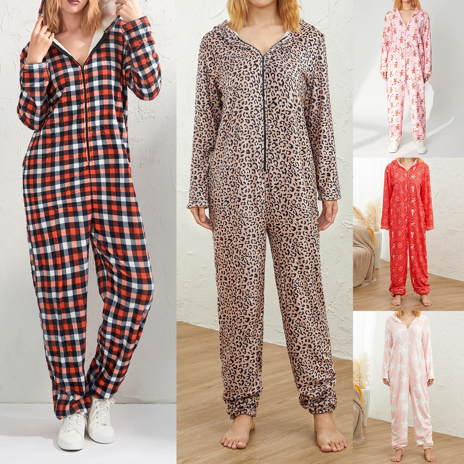 Women Christmas Zipper Jumpsuit Winter Warm Long Sleeve Jumpsuit Flannel Hooded Printed Fashion Simple Casual Long Homewear