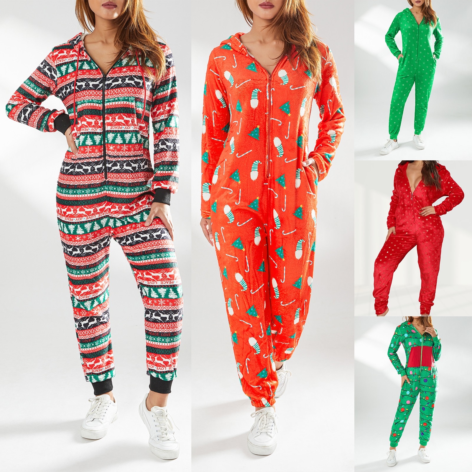 Christmas Sleepwear Jumpsuit Winter Warm Women Zipper Jumpsuit Flannel Hooded Printed Fashion Simple Casual Bodysuit Homewear