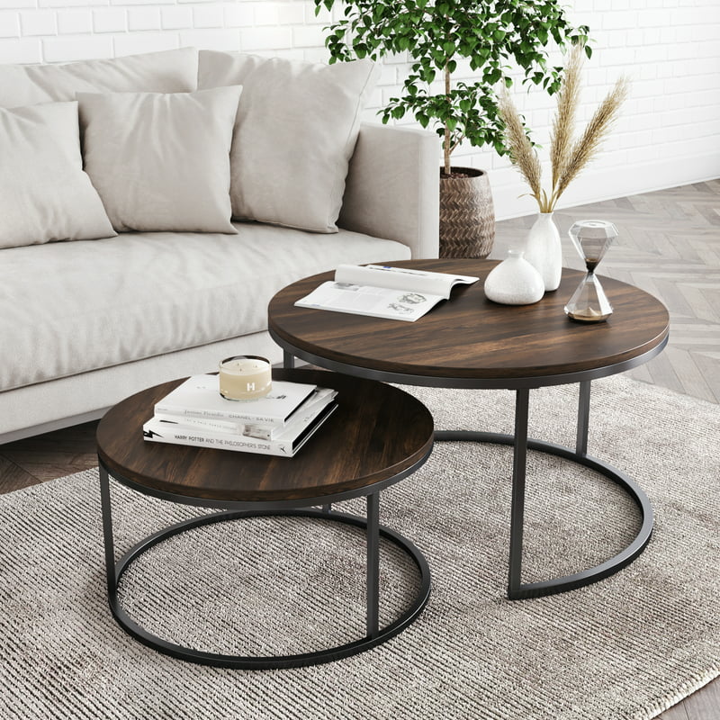 Stella Round Nesting or Stacking Coffee Table Set of 2 Wood Metal Frame, Warm Nutmeg/Black