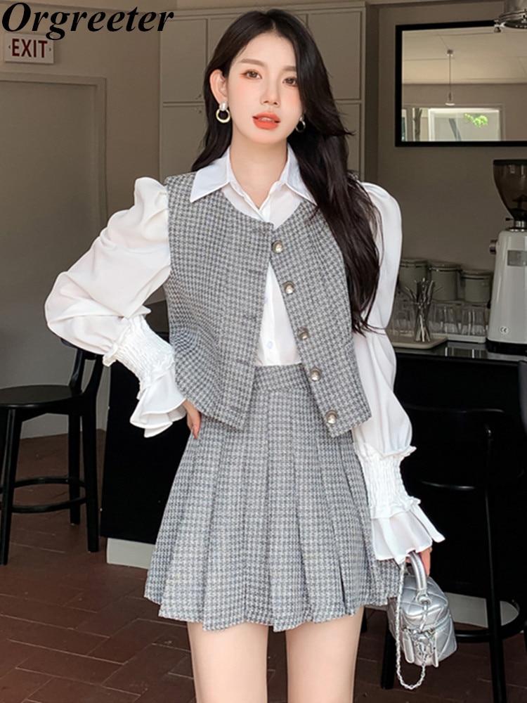 Autumn New Women's 3 Piece Set Vintage Small Fragrance Ruffles Shirt + Vest+ Pleated Mini Skirt Suits Female Outfits