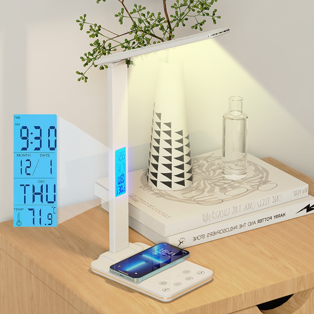 Wireless Charging USB LED Desk Lamp With Calendar Temperature Alarm Clock Eye Protect Study Reading Business Light Table Lamp