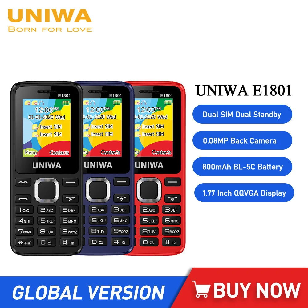 UNIWA E1801 Unlocked Button Phones 1.77Inch 800mAh 2G Feature Phone Dual SIM Standby Mobile Phone For The Old Wireless FM Radio