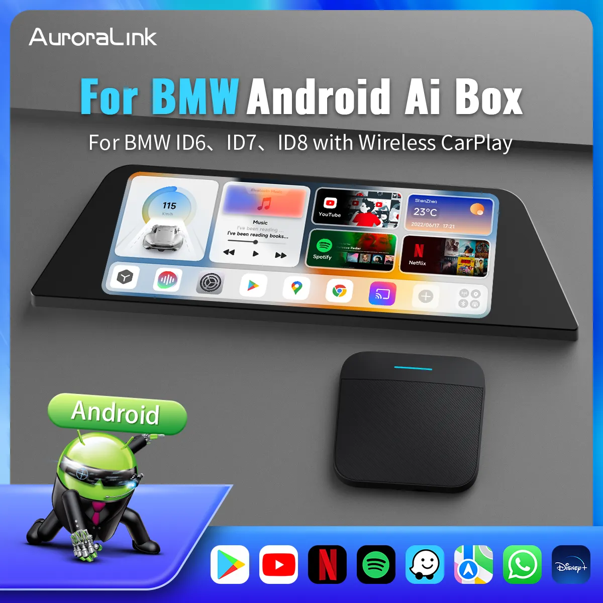 AuroraLink for BMW Wireless CarPlay Ai Box Octa-core Processor 4GB 64GB YouTube Netflix with SIM TF for ID6 ID7 ID8 E90