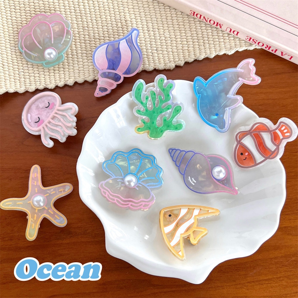 Acrylic Ocean Fish Hairpin For Girls Conch Jellyfish Seaweed Coral Clownfish Dolphin Hair Clips Duckbill Clips Barrettes