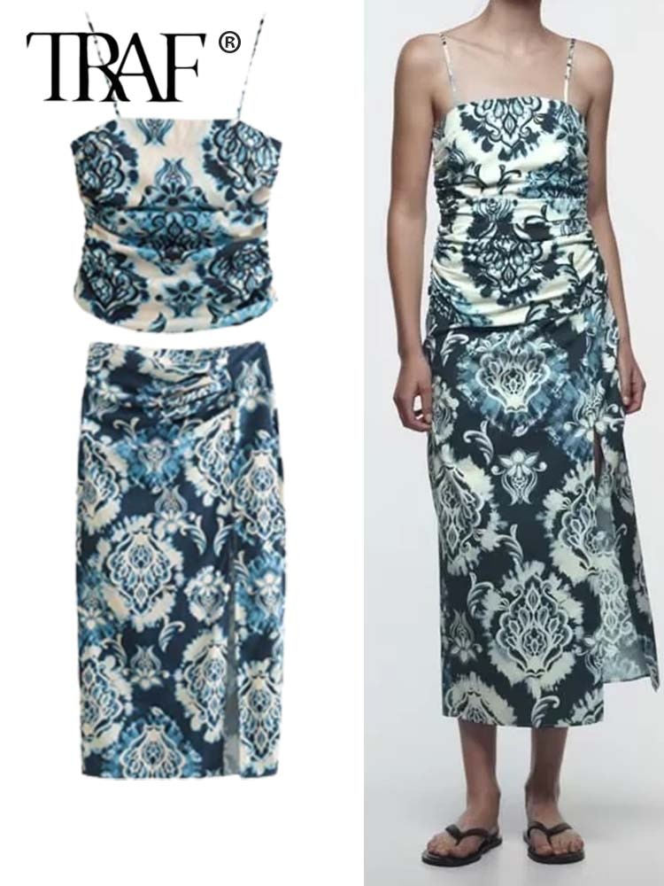 TRAF 2023 New Print Slip dress Sets Pleated Long Skirt Two piece set Women Waist Midi Skirts Womens Streetwear Two piece set