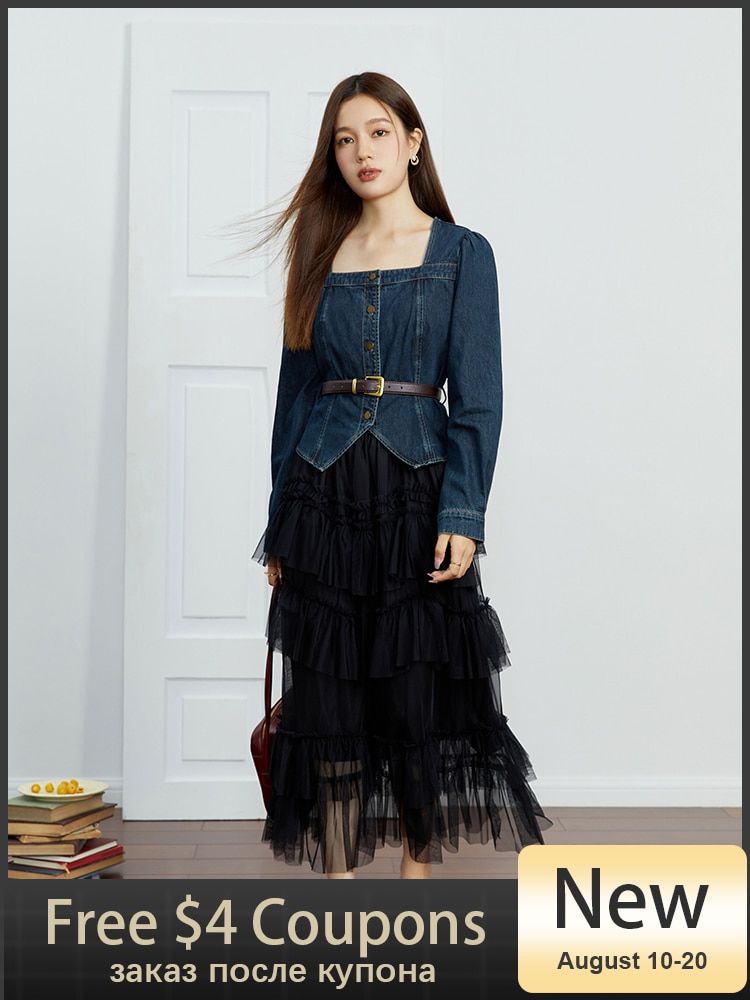 DUSHU Hong Kong Style INS Commuter Versatile Denim Set Autumn 2023 New Fashion Denim Two Piece Set Office Lady Women Set