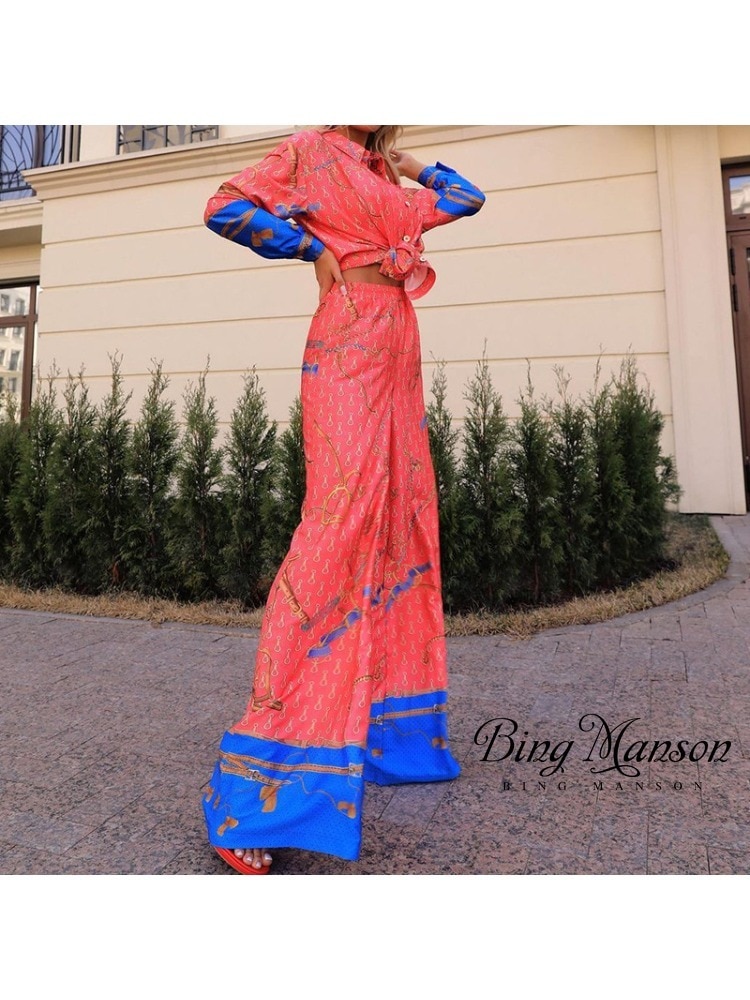 2023 Autumn Women's New Fashion Trend Sexy Long Sleeve Shirt Printed Straight Tube Casual Wide Leg Pants Bohemian Set for W