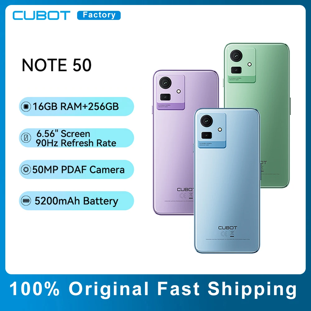 Cubot NOTE 50 Smart Phone 16GB 256GB 6.56"Screen 90Hz Refresh Rate 5200mAH 50MP Camera Face ID Fingerprint Scanner Smartpho