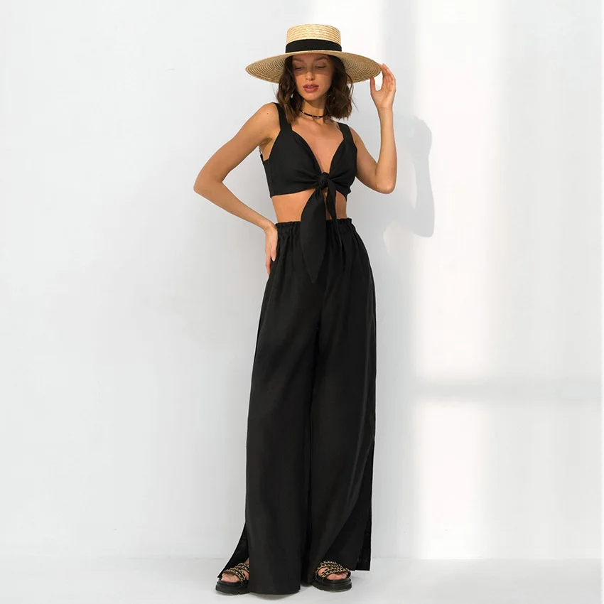 Womens Suits Sexy Bow Camisole Wide Leg Pants Two-piece Set 2023 Summer Resort Casual Cotton and Linen Set for Women