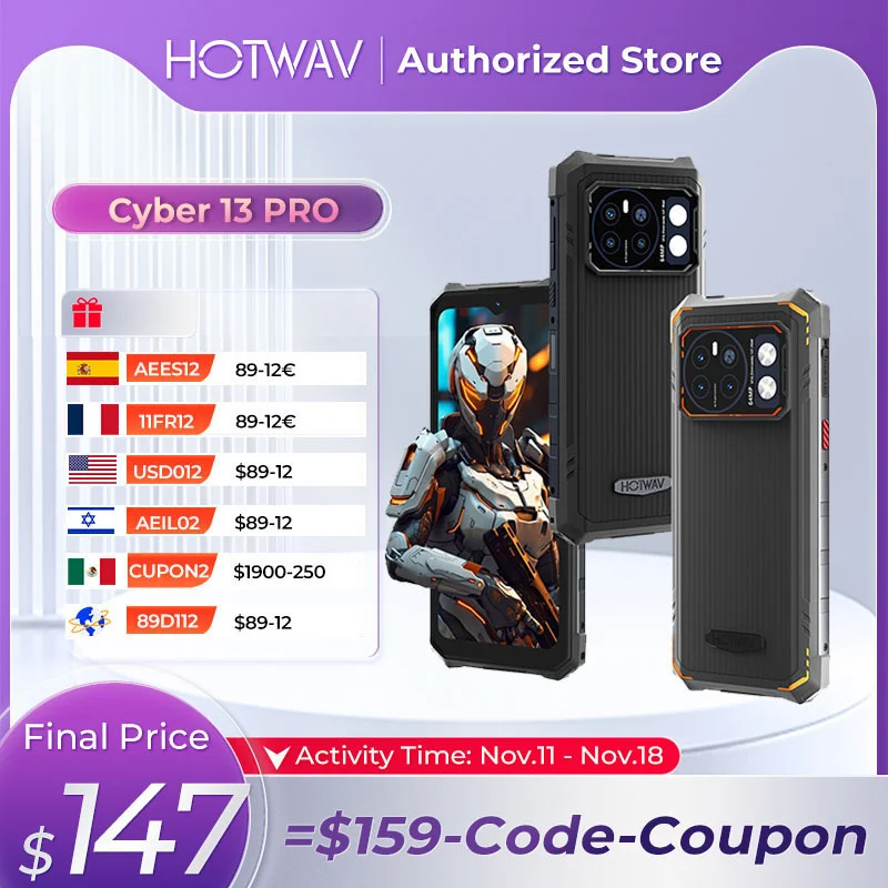 HOTWAV Cyber 13 Pro Rugged Smartphones Android 13 20GB+256GB Mobile Phone 150LM Flashlight 10800mAh 16MP+64MP Camera Cellphones