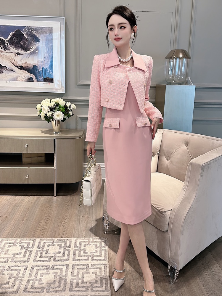 Autumn Winter Short Tweed Jacket and Spaghetti Strap Dress Set Two Piece Outfit Elegant Pink Office Party Vestido Feminino